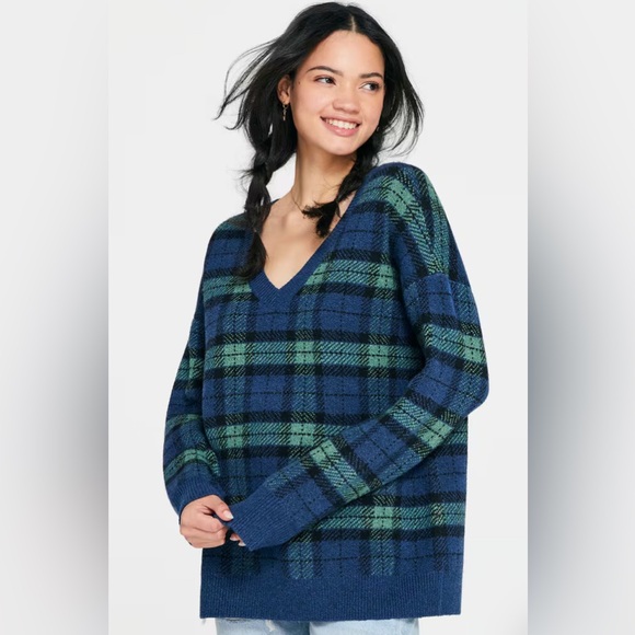 Aeropostale Women Plaid Oversized VNeck Cotton Sweater Navy Green Y2K Style Sz M - Picture 1 of 9